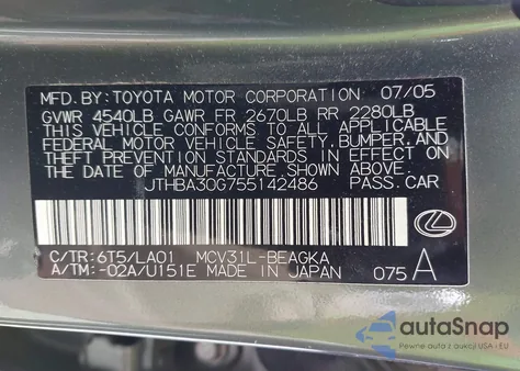 2005 Lexus Es 330 from USA, damaged, VIN JTHBA30G755142486